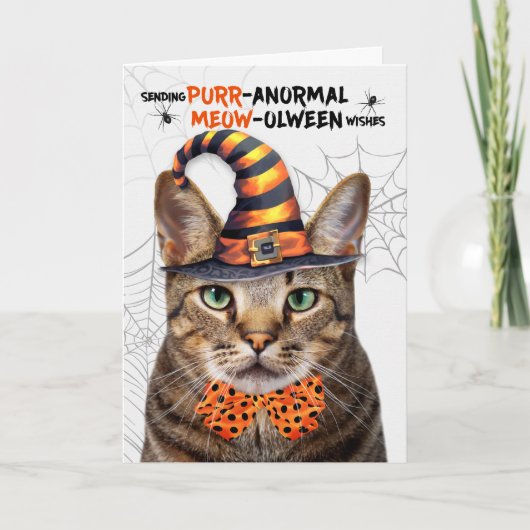 Bruine Tabby Halloween Kat PURRanormale MEOWolween Feestdagen Kaart (Voorkant)