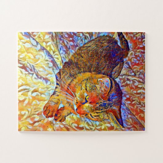 Bruine tabby kat rust op een comfortabel bed legpuzzel (Horizontaal)