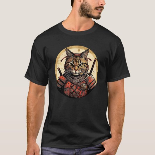 Bruine Tabby Kat Samurai Grappig Huisdier Krijger T-shirt (Voorkant)