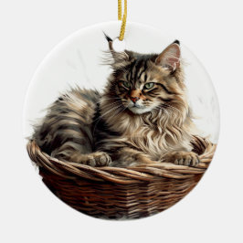  BRUINE TABBY MAINE COON CAT IN KATTENBED KERAMISCH ORNAMENT