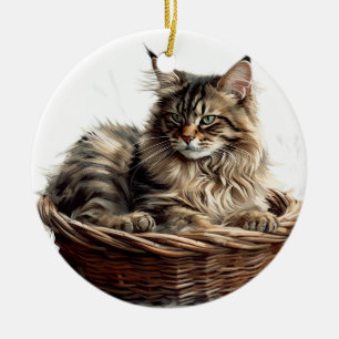 BRUINE TABBY MAINE COON CAT IN KATTENBED KERAMISCH ORNAMENT