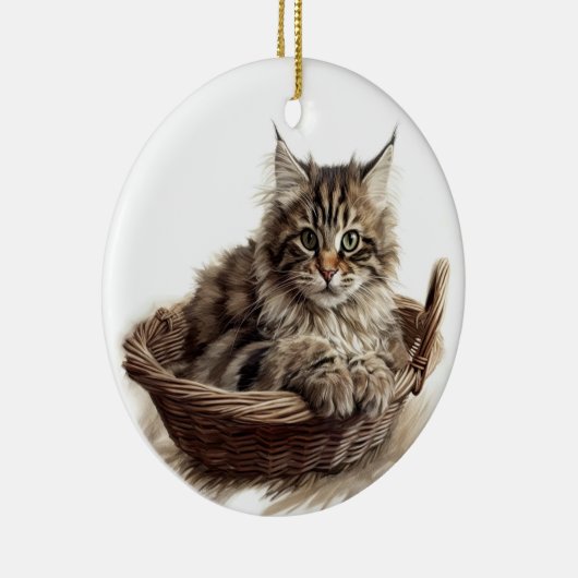 BRUINE TABBY MAINE COON CAT IN KATTENBED KERAMISCH ORNAMENT (Rechts)