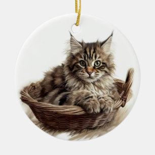 BRUINE TABBY MAINE COON CAT IN KATTENBED KERAMISCH ORNAMENT