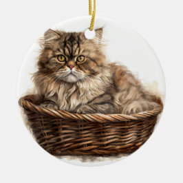  BRUINE TABBY PERZISCHE KAT IN KATTENBED KERAMISCH ORNAMENT