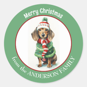 Bruine Tachshund Hond in Winter Kleding Kerstmis Ronde Sticker