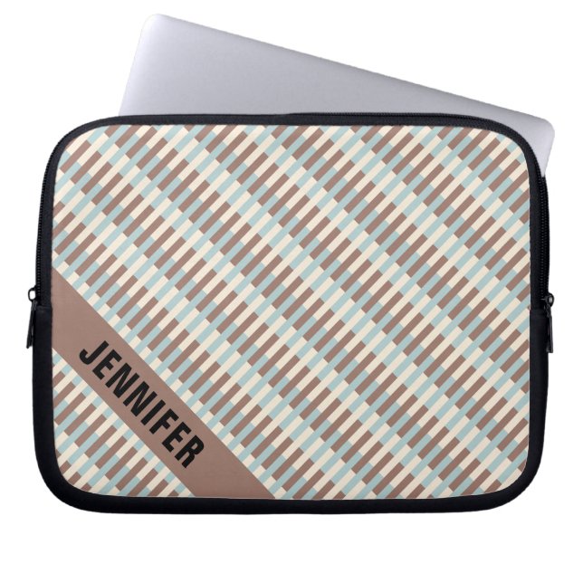  bruine Tan Blauwe Stripes Laptop Sleeve (Voorkant)