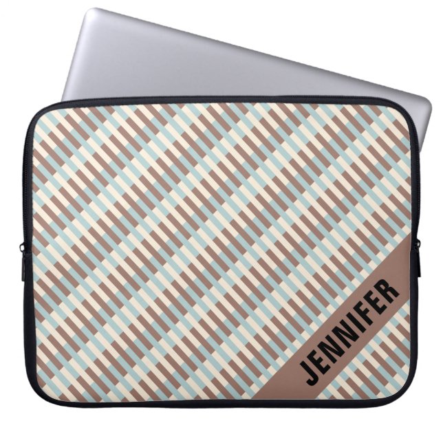 bruine Tan Blauwe Stripes Laptop Sleeve (Voorkant)