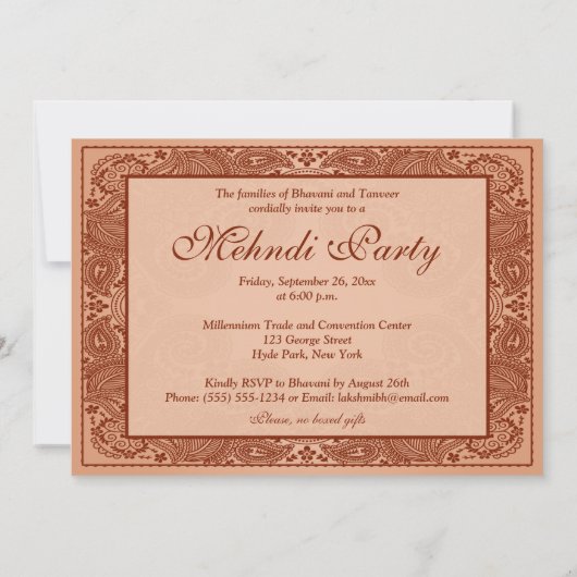 Bruine, Tan Henna Mehndi Feest Uitnodiging 2 (Achterkant)