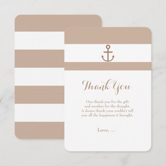 Bruine taupe & wit gestreept anker bedankkaart (Voorkant / Achterkant)