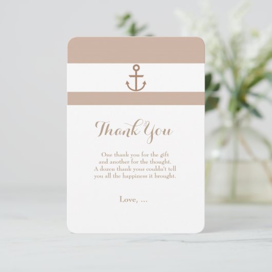 Bruine taupe & wit gestreept anker bedankkaart (Staand voorkant)