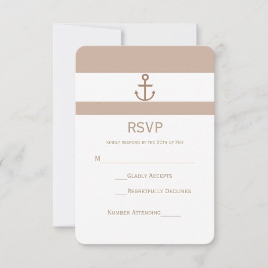 Bruine Taupe & Wit Gestreepte Anker RSVP-Kaart RSVP Kaartje (Voorkant)