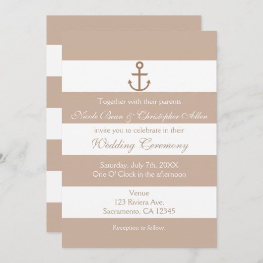 Bruine Taupe & Wit Gestreepte Ankeruitnodigingen Kaart (Voorkant / Achterkant)