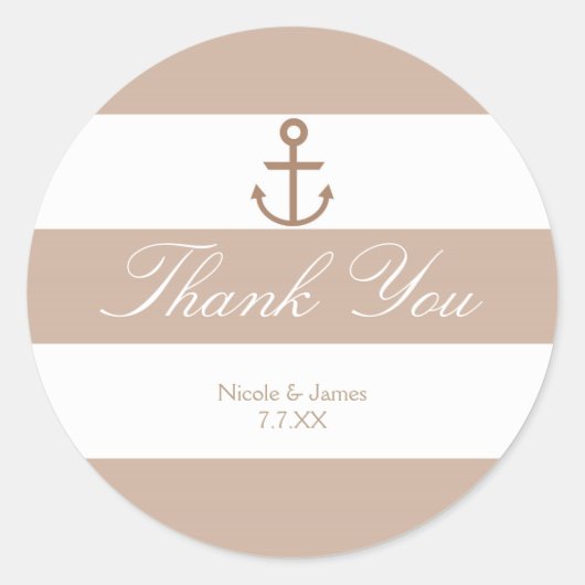 Bruine Taupe & Witte Gestreepte Ankerstickers Ronde Sticker (Voorkant)