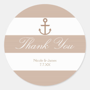 Bruine Taupe & Witte Gestreepte Ankerstickers Ronde Sticker