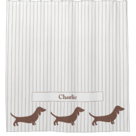 Bruine Teckels op Beige Strepen Custom Name Douchegordijn