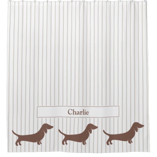 Bruine Teckels op Beige Strepen Custom Name Douchegordijn (Voorkant)