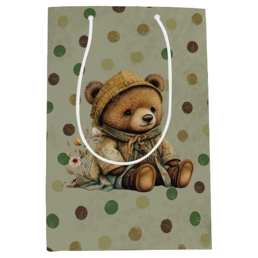 bruine Teddy Bear en Polkadots Medium Cadeauzakje (Voorkant)