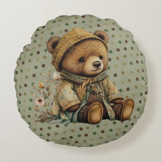 bruine Teddy Bear en Polkadots Rond Kussen (Voorkant)