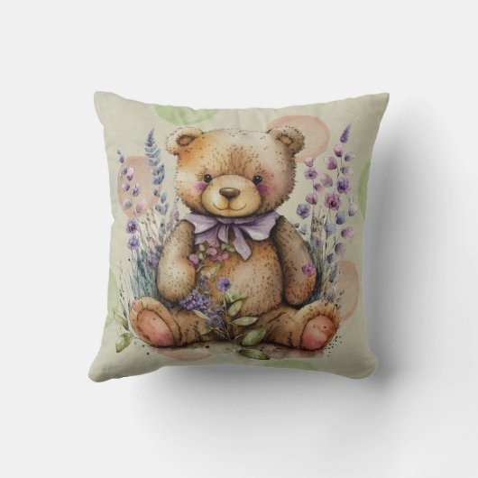 Bruine Teddy Bear Lavender Flowers and Polkadots Kussen (Achterkant)