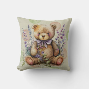 Bruine Teddy Bear Lavender Flowers and Polkadots Kussen