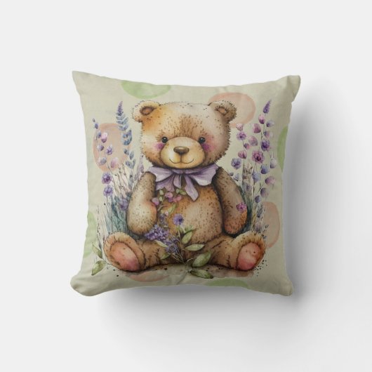 Bruine Teddy Bear Lavender Flowers and Polkadots Kussen (Voorkant)