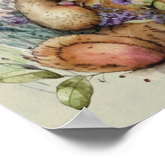 Bruine Teddy Bear Lavender Flowers and Polkadots Poster (Hoek)