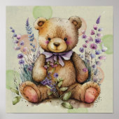 Bruine Teddy Bear Lavender Flowers and Polkadots Poster (Voorkant)