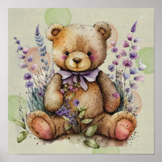 Bruine Teddy Bear Lavender Flowers and Polkadots Poster (Voorkant)