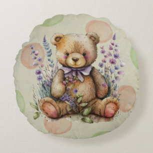 Bruine Teddy Bear Lavender Flowers and Polkadots Rond Kussen