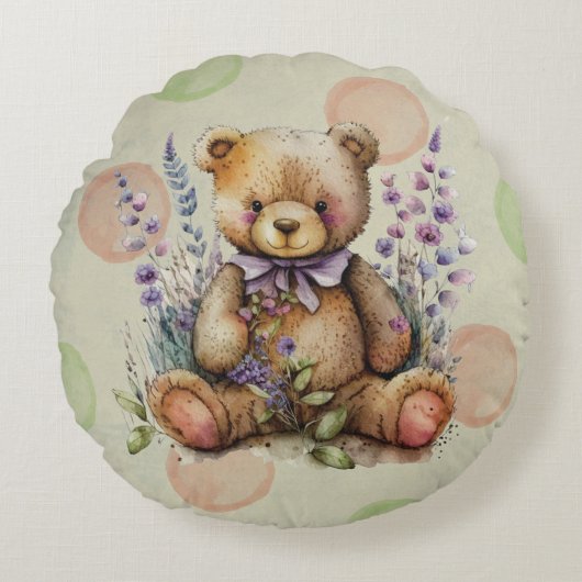Bruine Teddy Bear Lavender Flowers and Polkadots Rond Kussen (Voorkant)