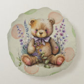 Bruine Teddy Bear Lavender Flowers and Polkadots Rond Kussen (Achterkant)
