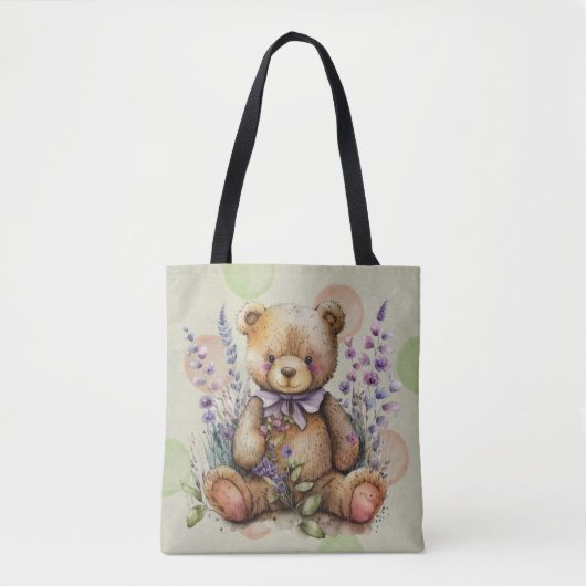 Bruine Teddy Bear Lavender Flowers and Polkadots Tote Bag (Voorkant)
