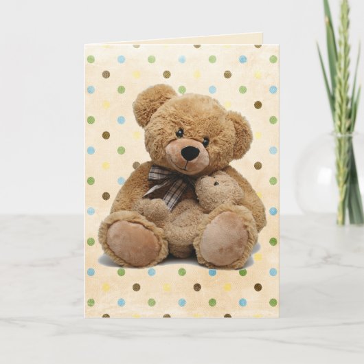 Bruine Teddy bears op poka Dots New Baby Kaart (Voorkant)