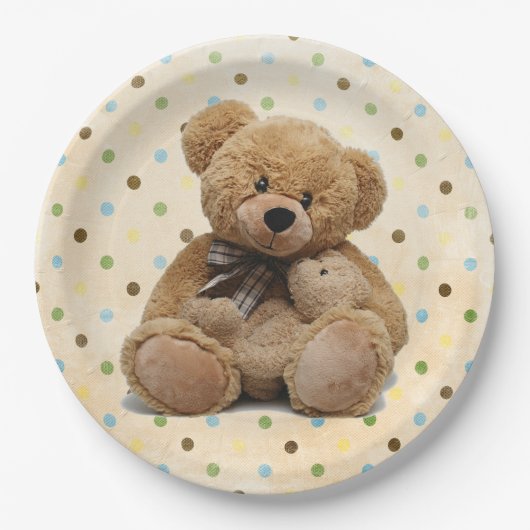 Bruine Teddy bears op pokadots Papieren Bordje (Voorkant)