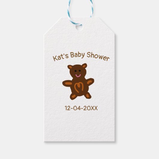 Bruine teddybeer baby shower naam toevoegen datum  cadeaulabel (Voorkant)