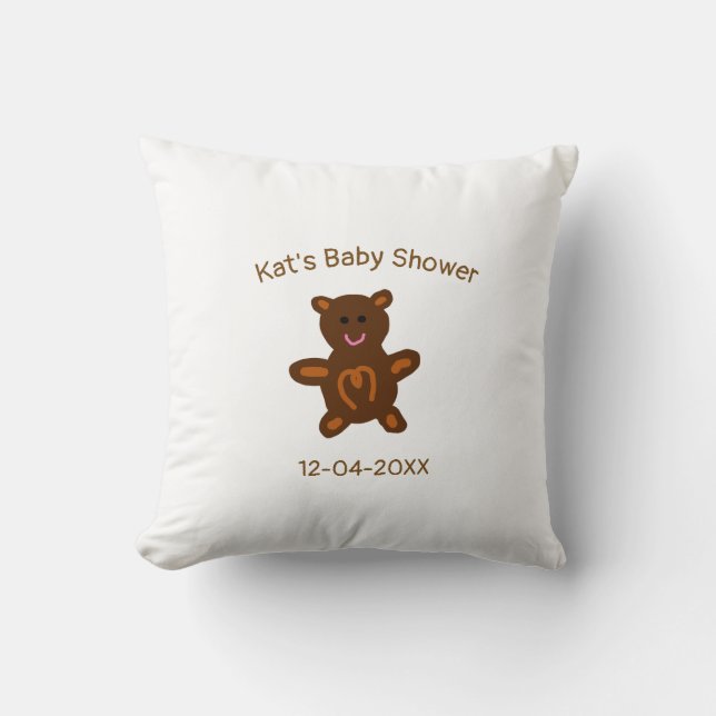 Bruine teddybeer baby shower naam toevoegen datum  kussen (Voorkant)