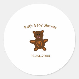 Bruine teddybeer baby shower naam toevoegen datum ronde sticker