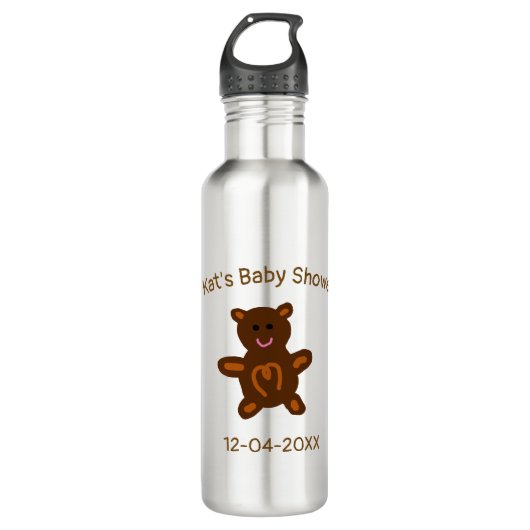 Bruine teddybeer baby shower naam toevoegen datum  waterfles  (Voorkant)