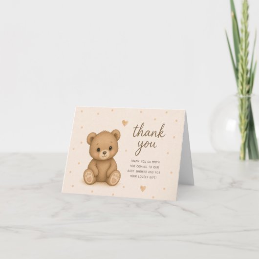 Bruine teddybeer babyshower bedankkaart (Voorkant)
