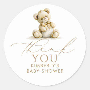 Bruine teddybeer babyshower bedankkaartjes ronde sticker