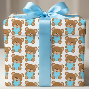 Bruine teddybeer blauw hart cadeauverpakking inpakpapier vel