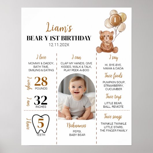 Bruine Teddybeer Eerste Verjaardag Mijlpaal teken Poster (Voorkant)
