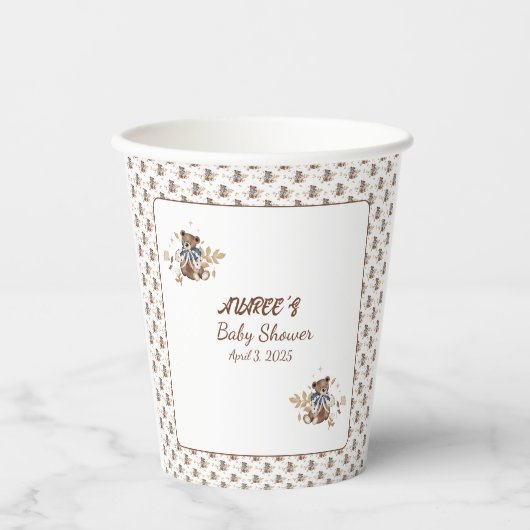 Bruine teddybeer, het is een jongen! douchebak papieren bekers (Voorkant)