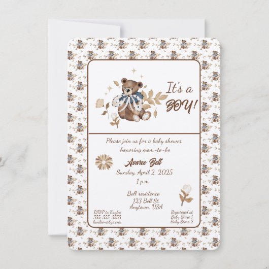 Bruine teddybeer, het is een jongen! douchen kaart (Voorkant)