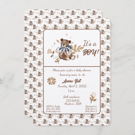 Bruine teddybeer, het is een jongen! douchen kaart (Voorkant / Achterkant)