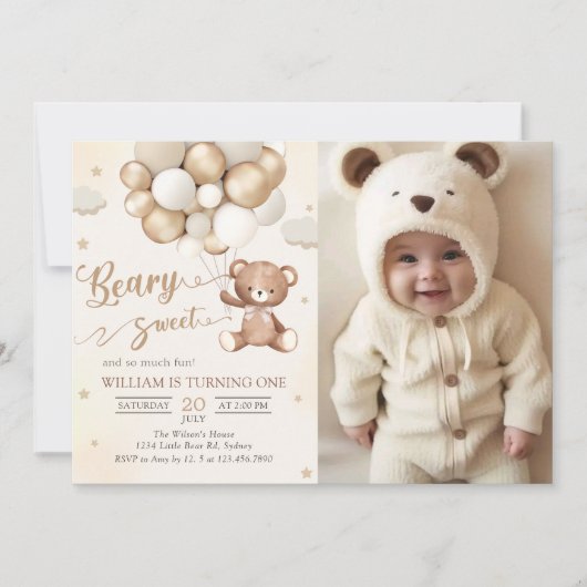 Bruine teddybeer met ballonnen Verjaardagsfoto Kaart (Voorkant)