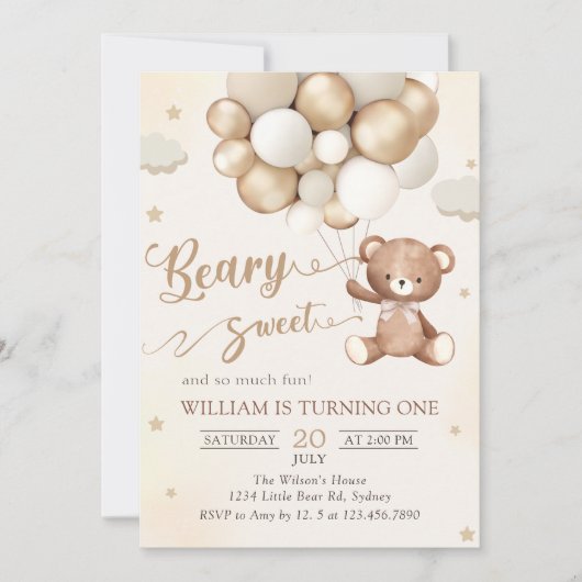 Bruine Teddybeer met ballonnen Verjaardagsuitnodig Kaart (Voorkant)
