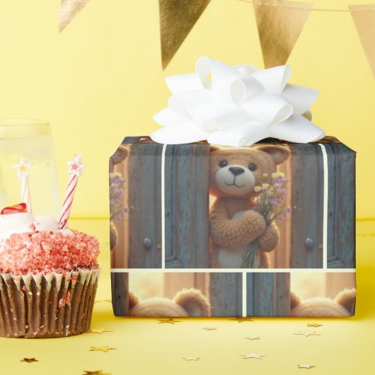 Bruine teddybeer met een wildflower boeket cadeaupapier (Verjaardagsfeest)