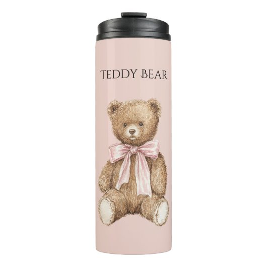 Bruine teddybeer met roze strik thermosbeker (Voorkant)