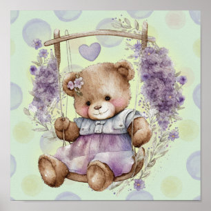 Bruine teddybeer schommelend in lavendel jurkje me poster